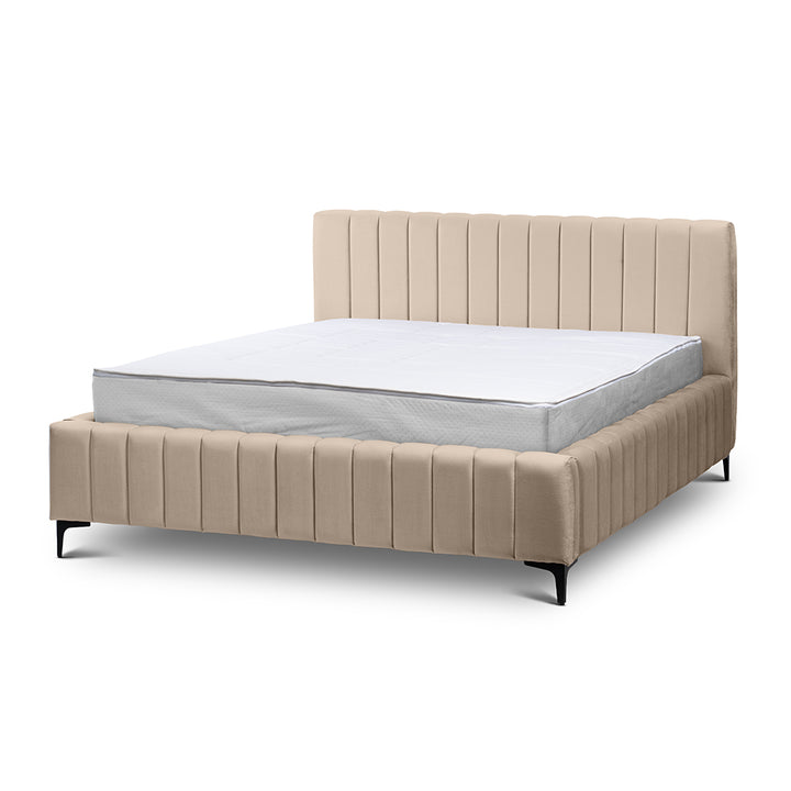 Łóżko tapicerowane z pojemnikiem 160x200 w stylu nowoczesnym – welur Fresh, pionowe przeszycia | Drevy 200 Jasny Migdał (FRESH 03)