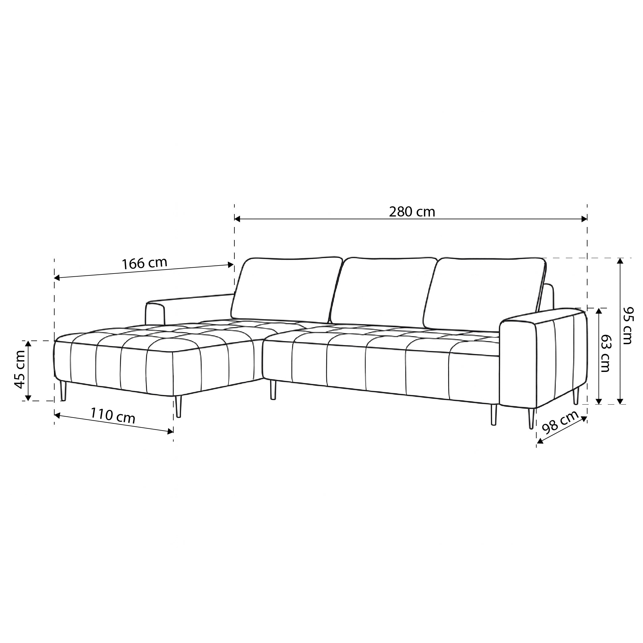 Narożnik z pojemnikiem na pościel 280 cm w stylu eleganckim | Francessco