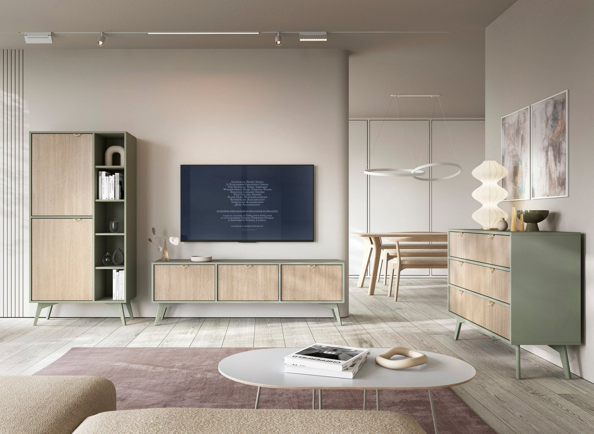 Komoda 158x80 z szufladami i szafkami w stylu japandi - fronty jodełka, 3 szuflady, drewniane nogi | Mandala