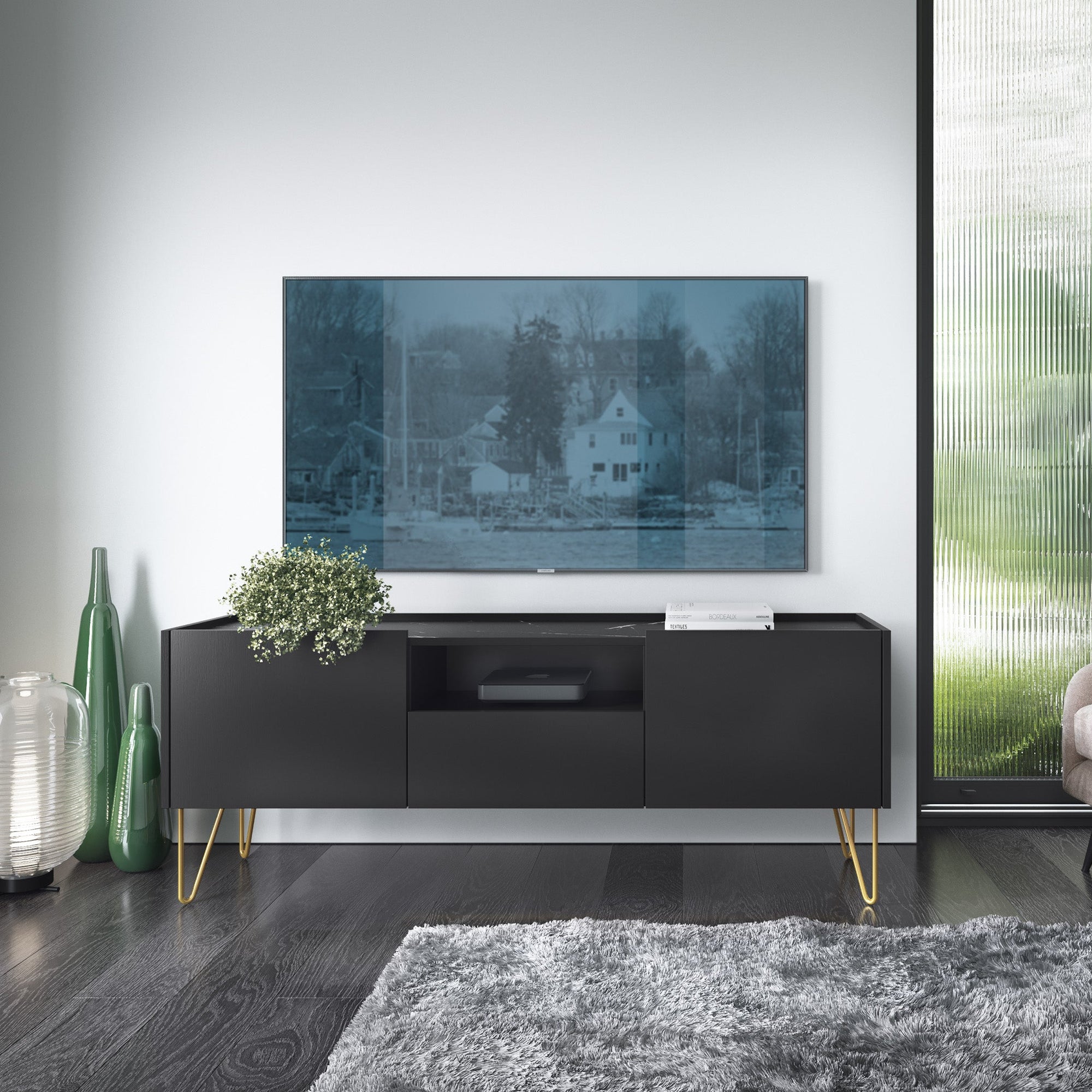 Szafka RTV 144x55 w stylu glamour – grafitowa, blat marmur Black Royal, system push-to-open| Ballada