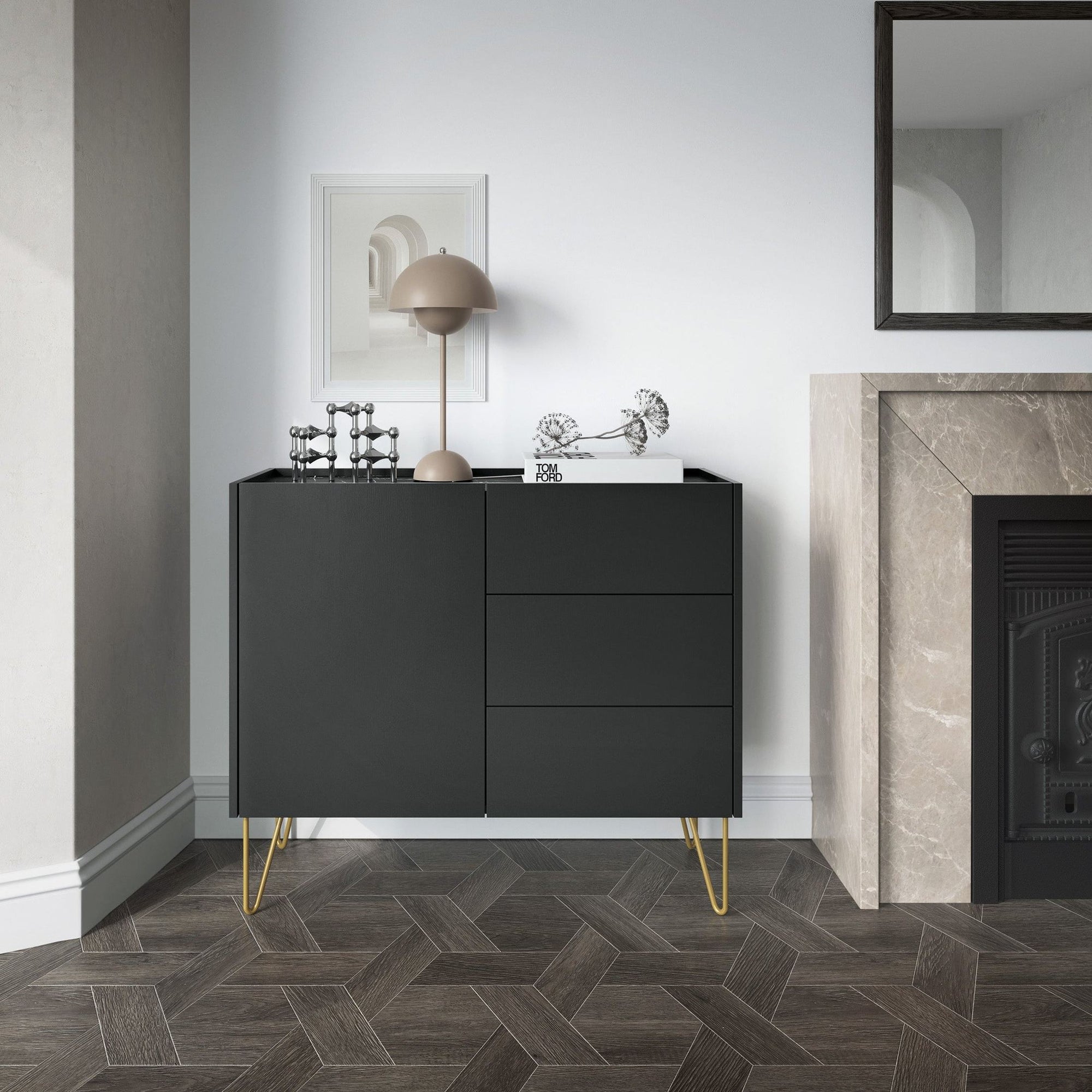 Komoda 97x83 w stylu glamour - marmurowy blat, push-to-open, złote metalowe nogi | Ballada