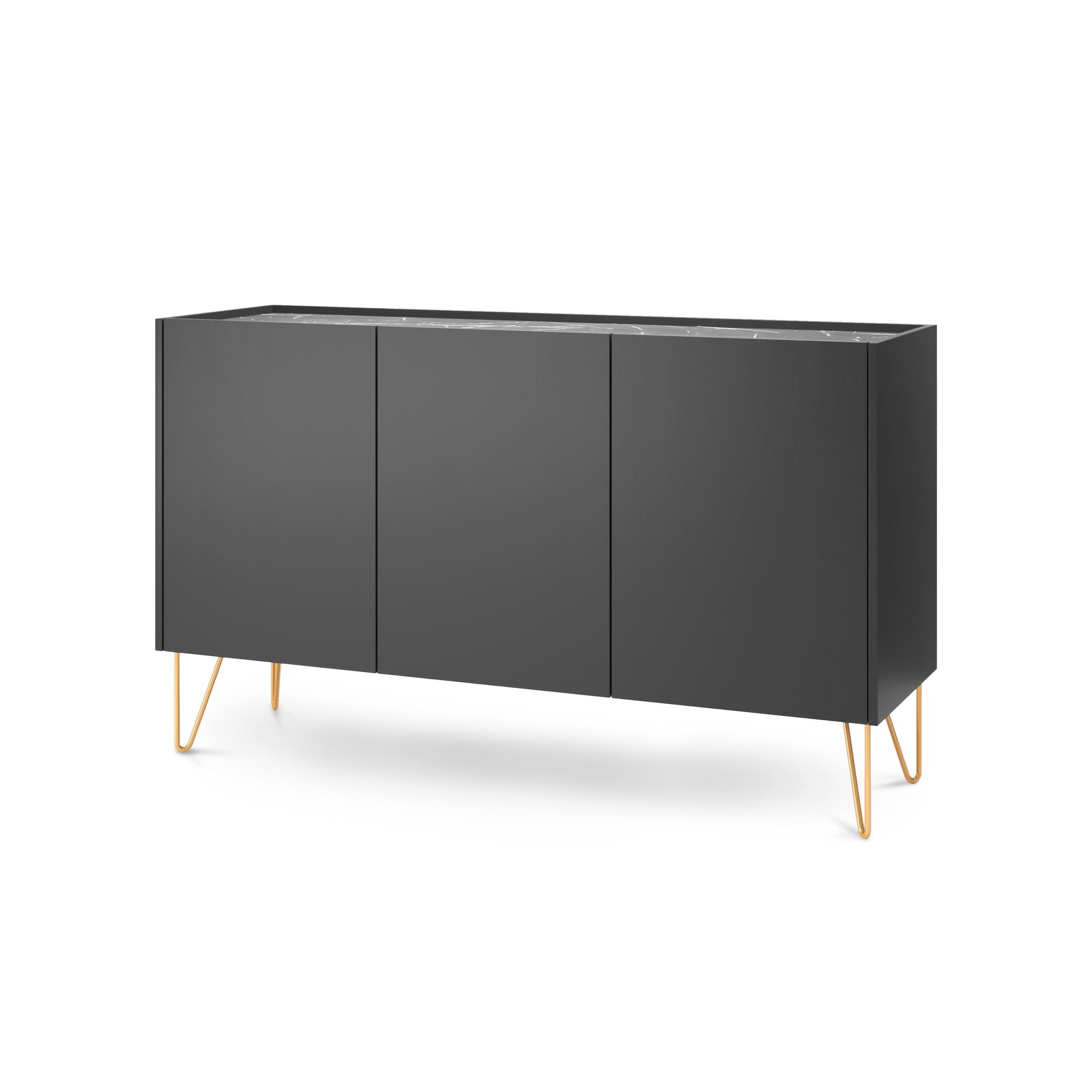 Komoda 144x83 w stylu glamour - blat marmur Black Royal, push-to-open, złote nogi | Ballada