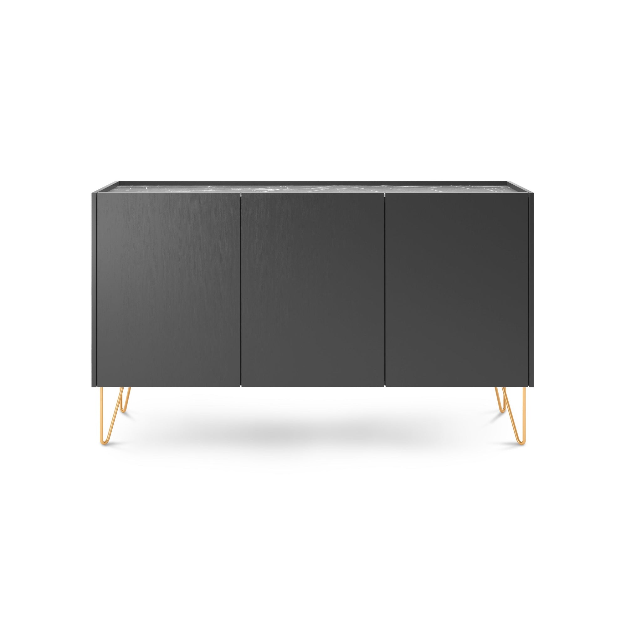 Komoda 144x83 w stylu glamour - blat marmur Black Royal, push-to-open, złote nogi | Ballada
