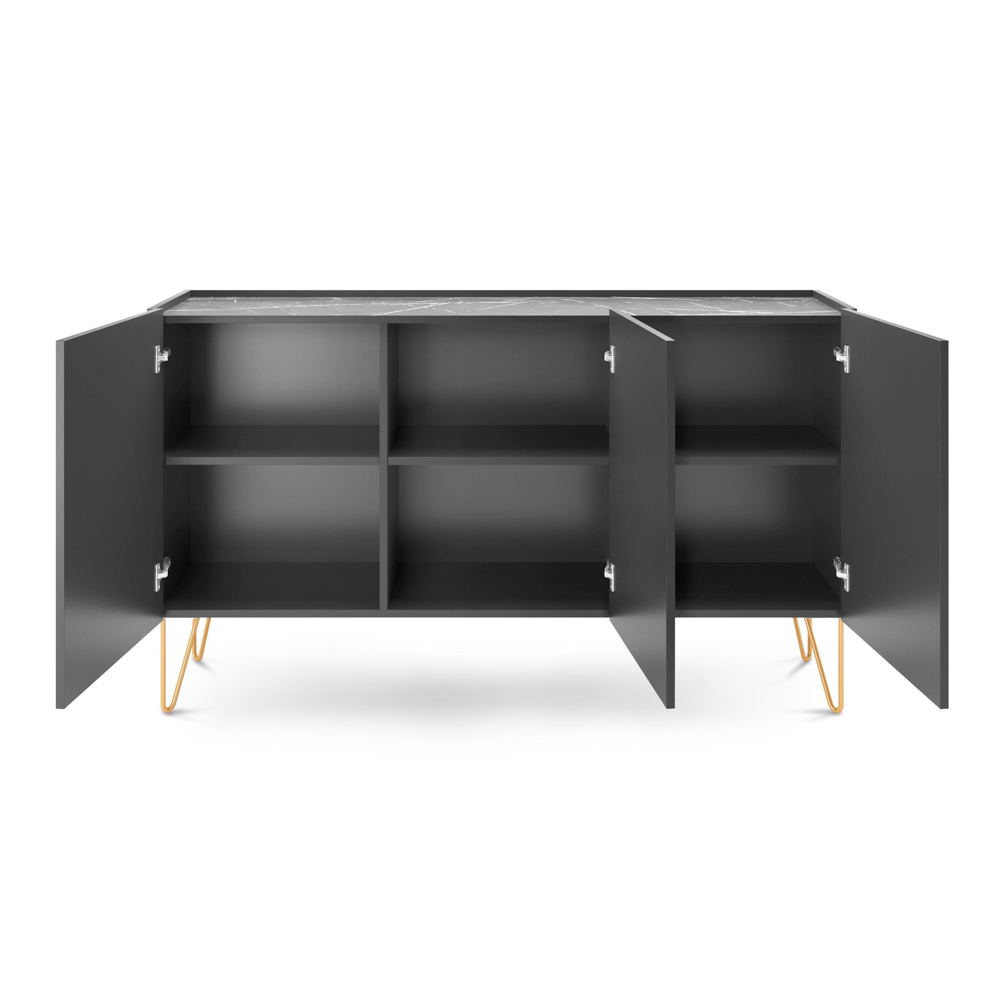 Komoda 144x83 w stylu glamour - blat marmur Black Royal, push-to-open, złote nogi | Ballada