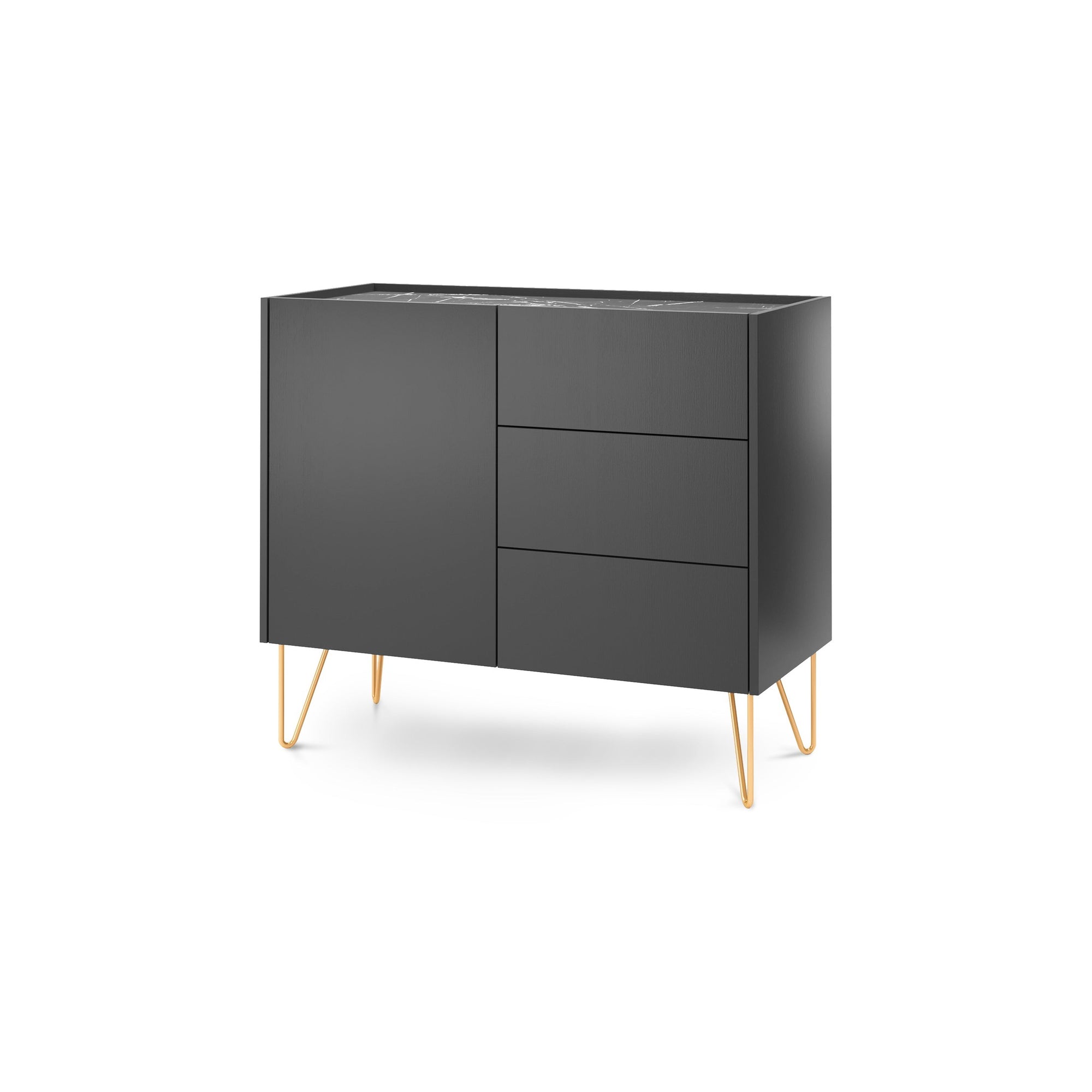 Komoda 97x83 w stylu glamour - marmurowy blat, push-to-open, złote metalowe nogi | Ballada