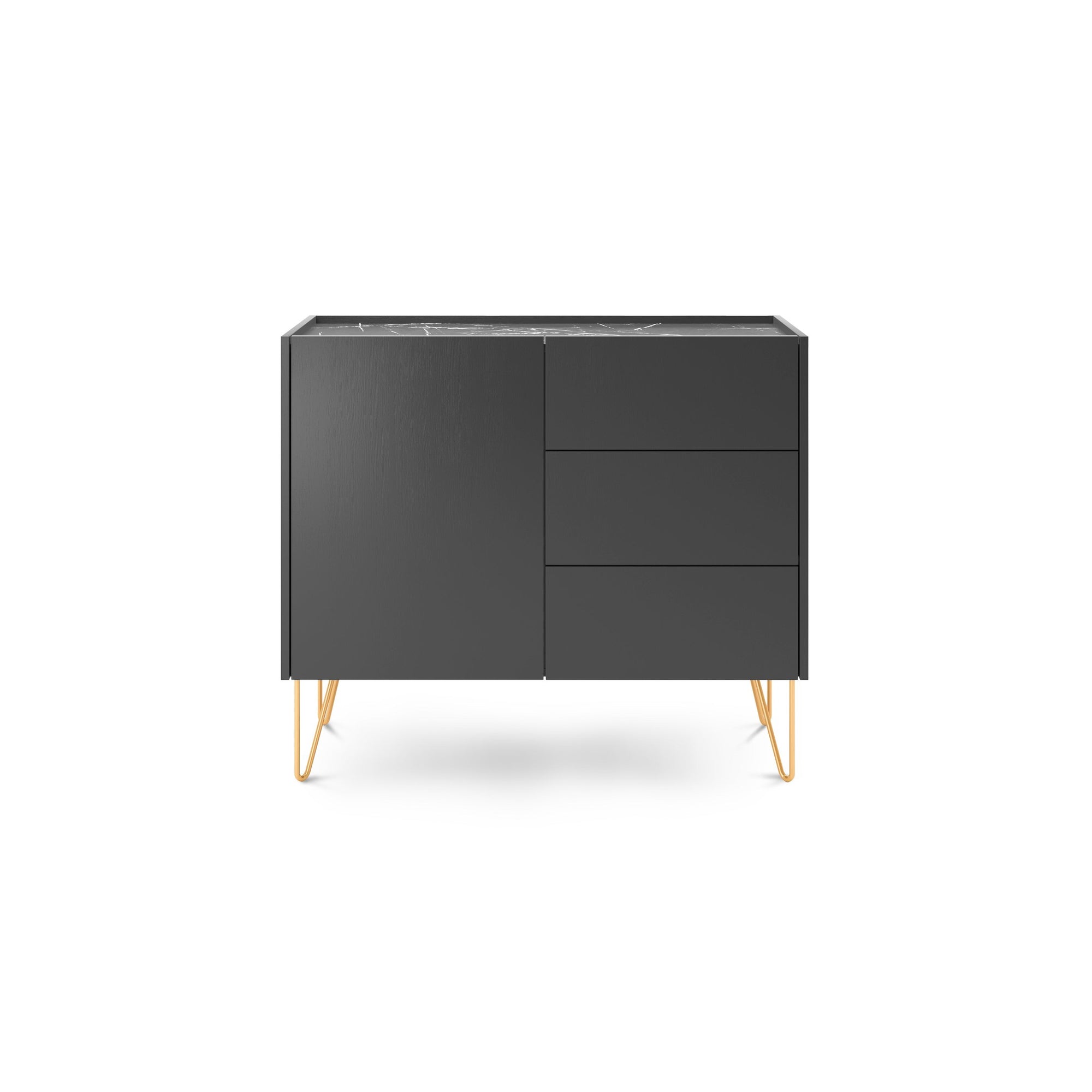 Komoda 97x83 w stylu glamour - marmurowy blat, push-to-open, złote metalowe nogi | Ballada