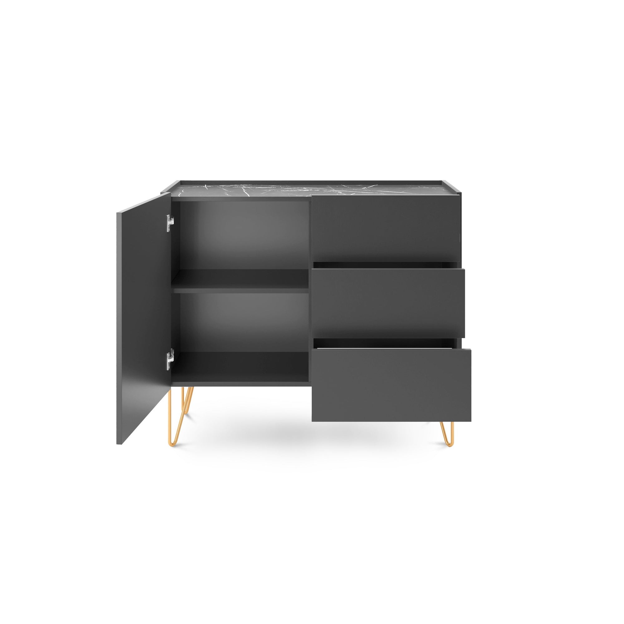 Komoda 97x83 w stylu glamour - marmurowy blat, push-to-open, złote metalowe nogi | Ballada