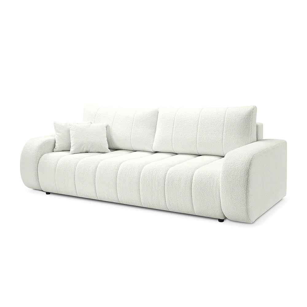 Sofa 3-osobowa z funkcją spania 144x200 w stylu skandynawskim – zaoblona forma, pojemnik, system DL | BALOA Kość Słoniowa (LAMBI 01)