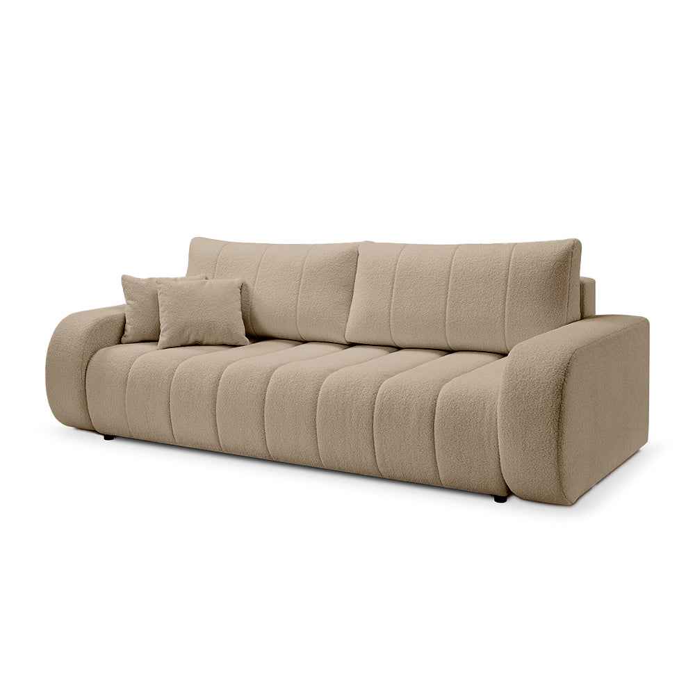 Sofa 3-osobowa z funkcją spania 144x200 w stylu skandynawskim – zaoblona forma, pojemnik, system DL | BALOA Aksamitny Beż (LAMBI 06)