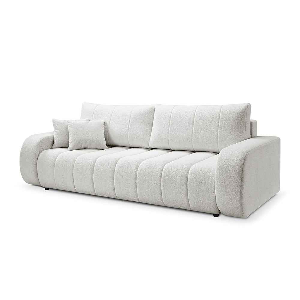 Sofa 3-osobowa z funkcją spania 144x200 w stylu skandynawskim – zaoblona forma, pojemnik, system DL | BALOA Poranna Mgiełka (LAMBI 07)