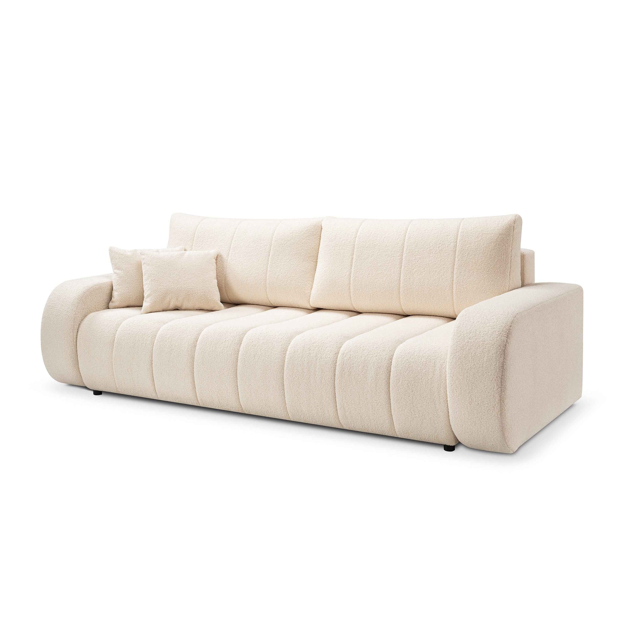 Sofa 3-osobowa z funkcją spania 144x200 w stylu skandynawskim – zaoblona forma, pojemnik, system DL | BALOA Pudrowa Kość (LAMBI 08)