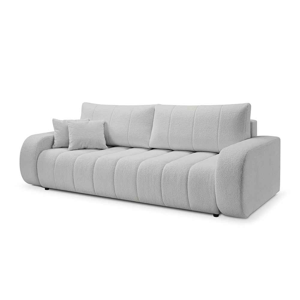 Sofa 3-osobowa z funkcją spania 144x200 w stylu skandynawskim – zaoblona forma, pojemnik, system DL | BALOA Mglisty Kamień (LAMBI 09)