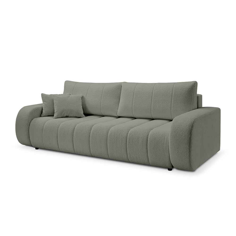 Sofa 3-osobowa z funkcją spania 144x200 w stylu skandynawskim – zaoblona forma, pojemnik, system DL | BALOA Perłowa Szarość (LAMBI 12)