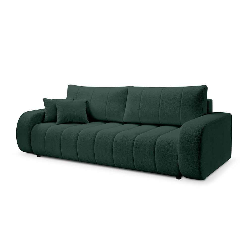Sofa 3-osobowa z funkcją spania 144x200 w stylu skandynawskim – zaoblona forma, pojemnik, system DL | BALOA Leśna Oliwka (LAMBI 15)