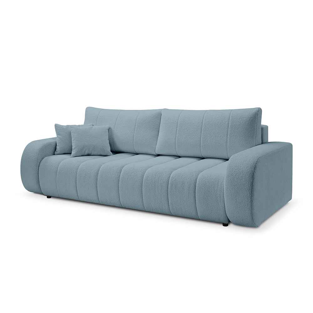Sofa 3-osobowa z funkcją spania 144x200 w stylu skandynawskim – zaoblona forma, pojemnik, system DL | BALOA Szarobłękitny Poranek (LAMBI 16)