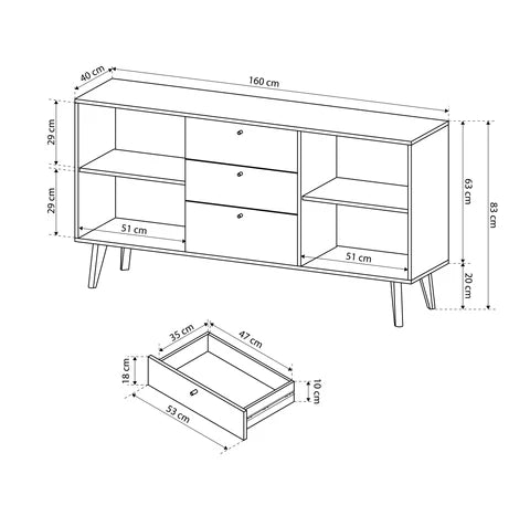 Komoda 160x83 w stylu skandynawskim - drewniane skośne nogi, metalowe uchwyty, szeroka forma | Lato