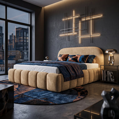 Łóżko tapicerowane z pojemnikiem w stylu modern soft, tkanina Monte | Tegell