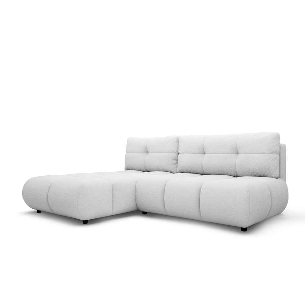 Narożnik z funkcją spania DL 230 cm w stylu nowoczesnym – pianka PUR, pojemnik na pościel | Milorya Lewostronna Porcelanowy Popiół (NOW OR NEVER 01)