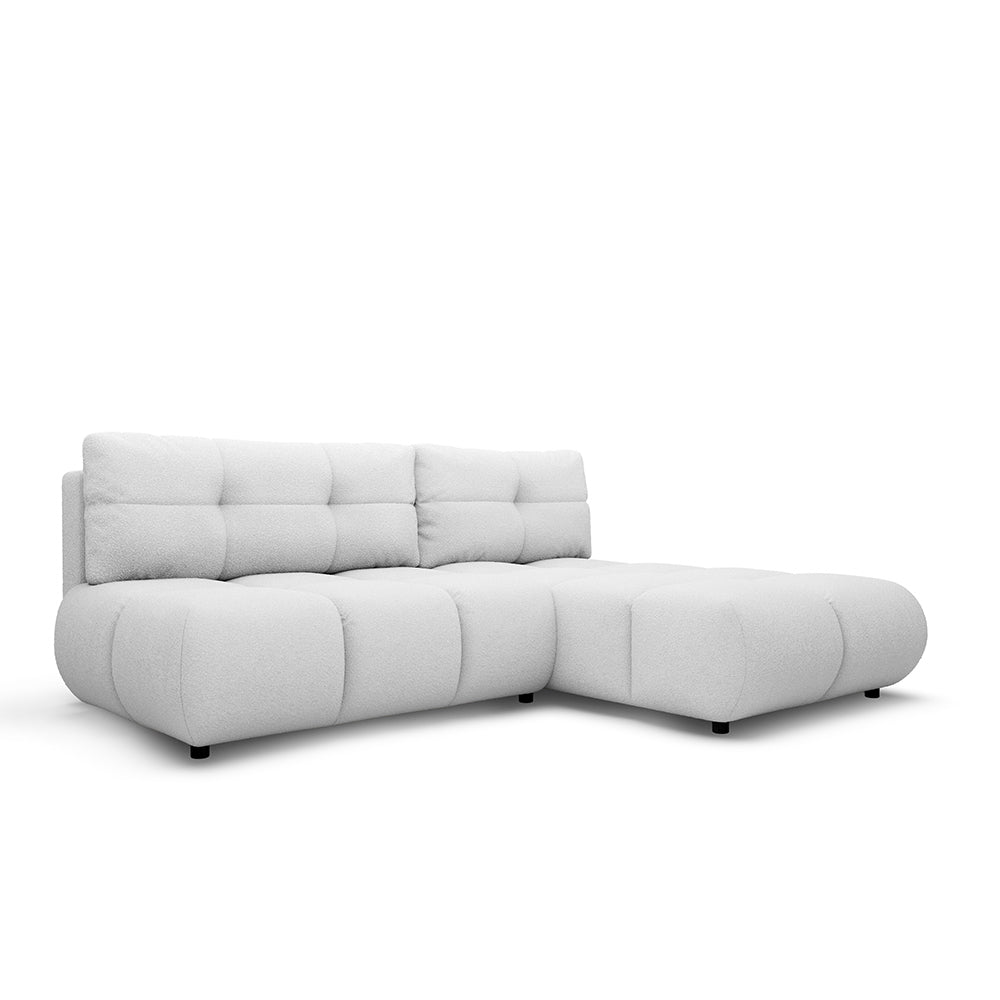 Narożnik z funkcją spania DL 230 cm w stylu nowoczesnym – pianka PUR, pojemnik na pościel | Milorya Prawostronna Porcelanowy Popiół (NOW OR NEVER 01)