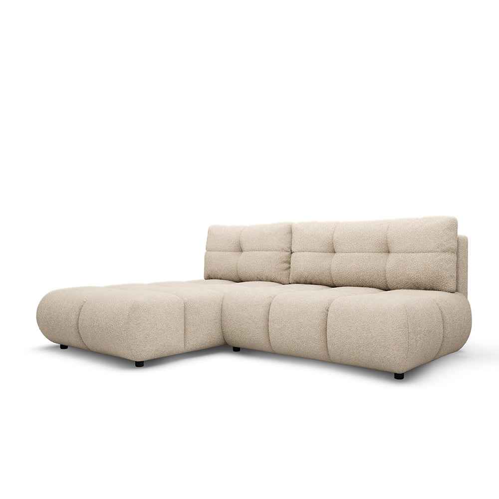 Narożnik z funkcją spania DL 230 cm w stylu nowoczesnym – pianka PUR, pojemnik na pościel | Milorya Lewostronna Płowy Taupe (NOW OR NEVER 05)