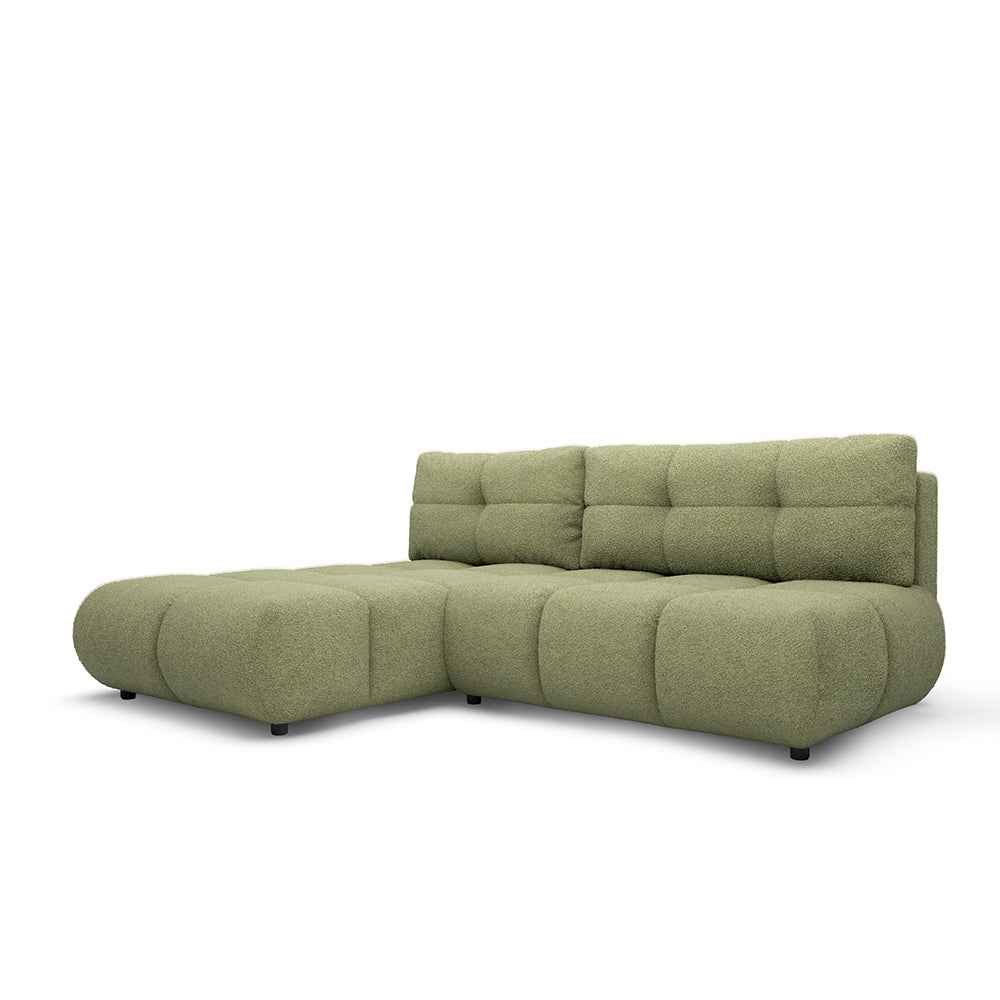 Narożnik z funkcją spania DL 230 cm w stylu nowoczesnym – pianka PUR, pojemnik na pościel | Milorya Lewostronna Oliwkowy Mech (NOW OR NEVER 38)