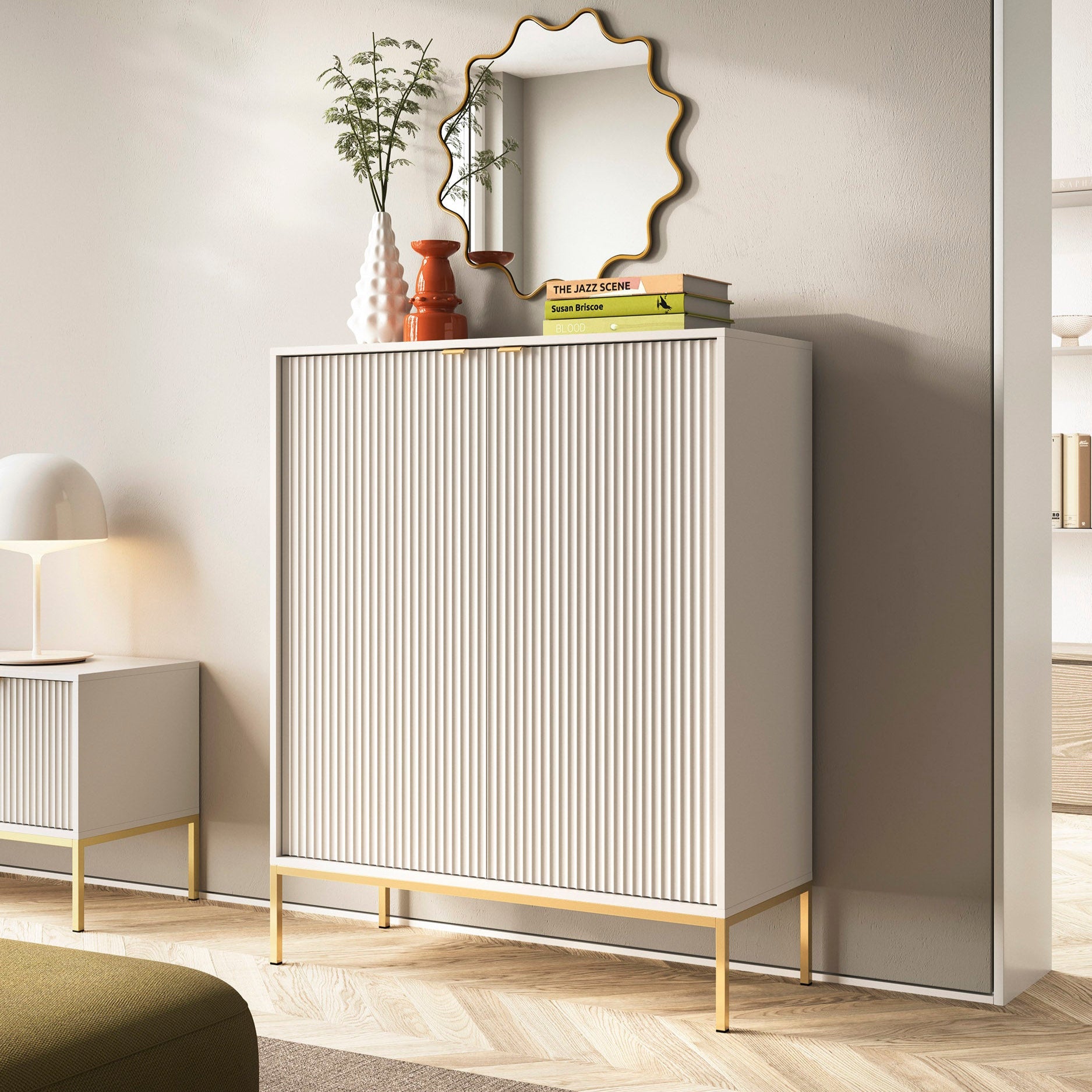 Komoda 104x125 w stylu nowoczesnym - ryflowane fronty MDF, metalowe nogi, cichy domyk | Roza