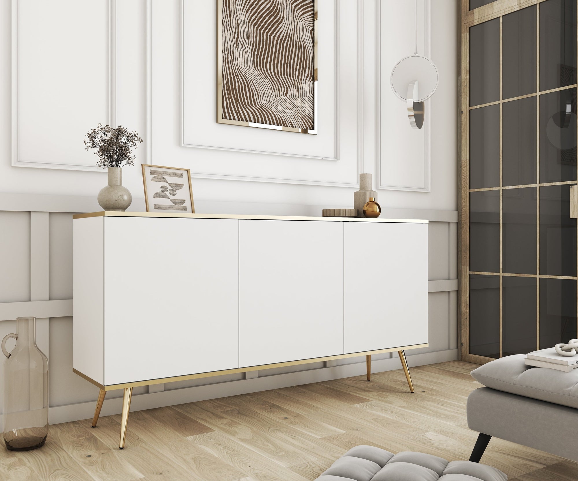 Komoda 160x85 w stylu glamour - szeroka zabudowa, push-to-open, metalowe nogi | Meva