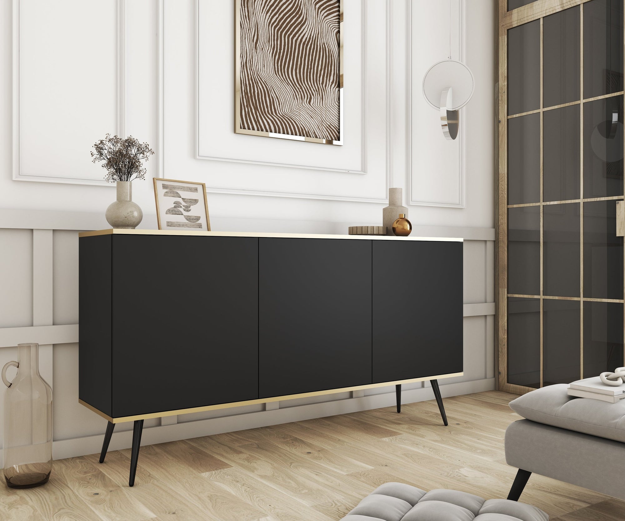 Komoda 160x85 w stylu glamour - szeroka zabudowa, push-to-open, metalowe nogi | Meva