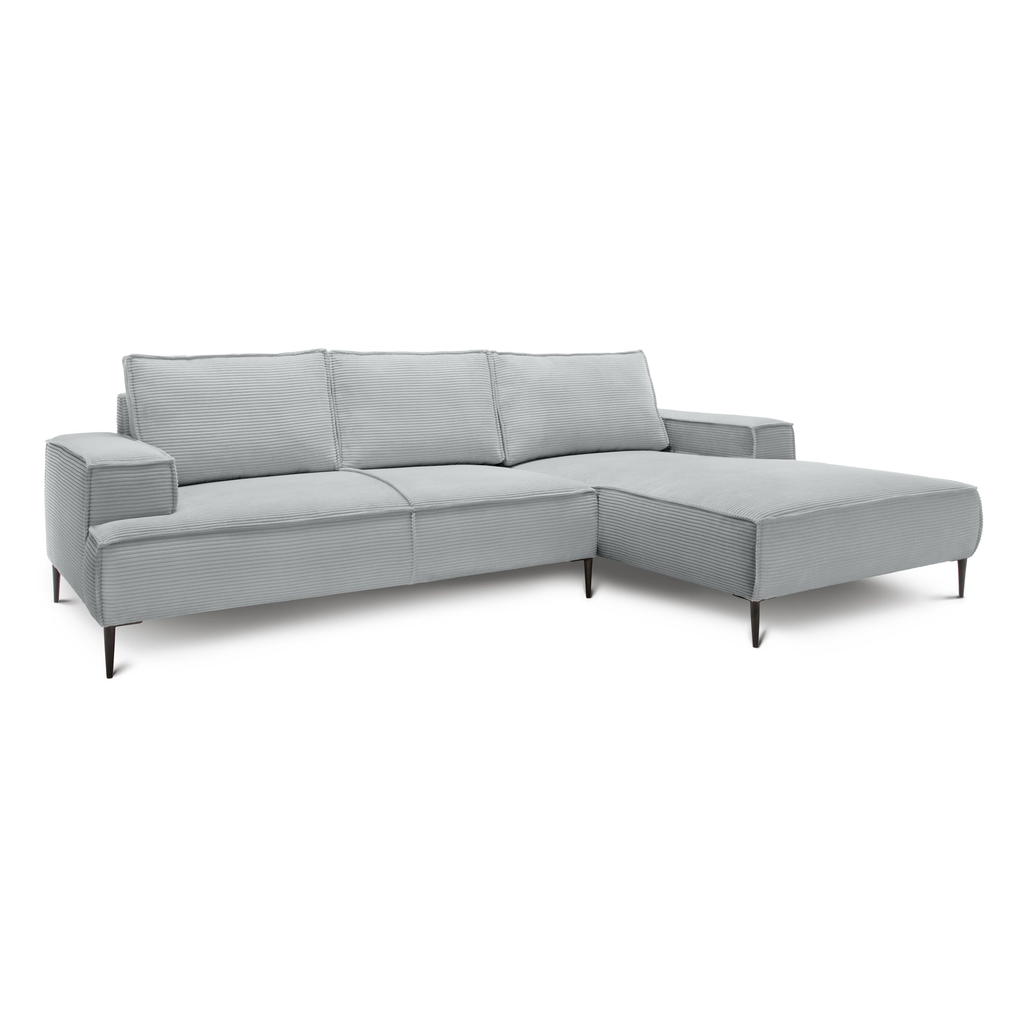 Narożnik 3-osobowy 275 cm w stylu modern classic – tkanina POSO, pianka T35 | May Szary Bambus (POSO 55) Prawostronny