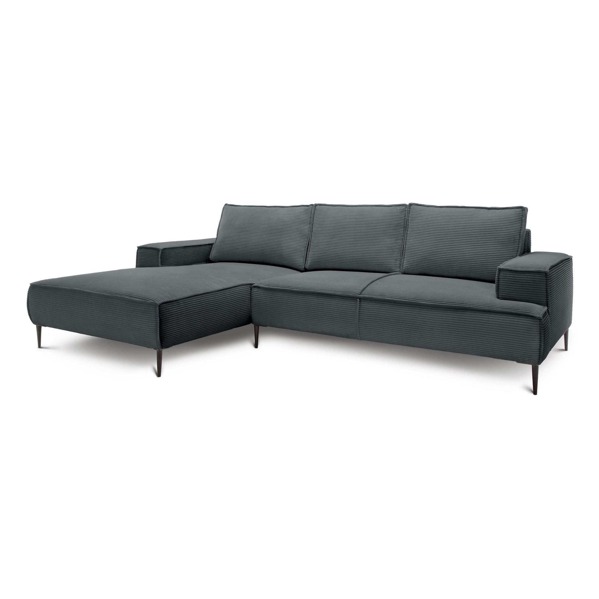 Narożnik 3-osobowy 275 cm w stylu modern classic – tkanina POSO, pianka T35 | May Grafitowy Mech (POSO 60) Lewostronny