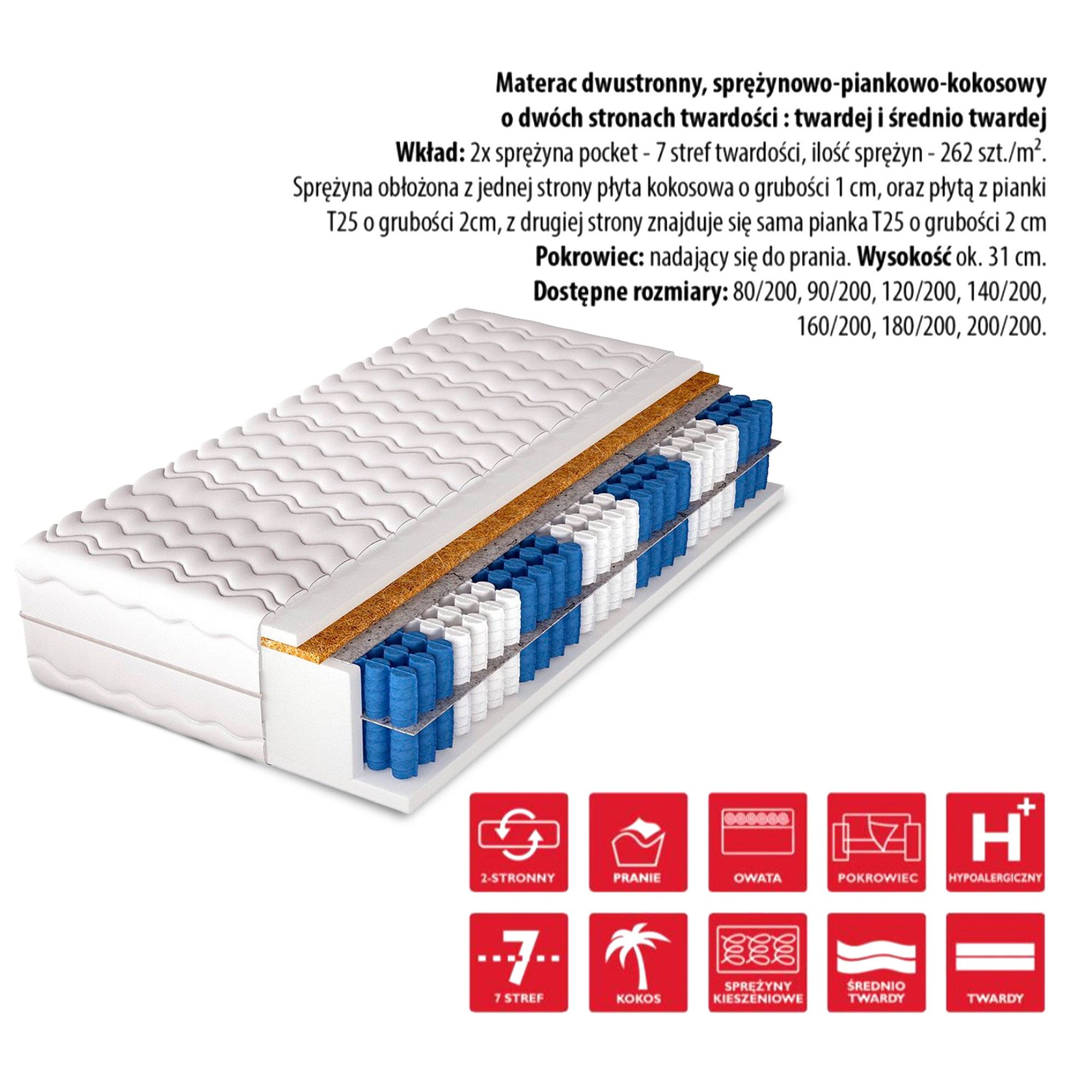 Materac kieszeniowy Wysokość 30 cm – 7 stref, dwustronny H3/H4 | Pillov