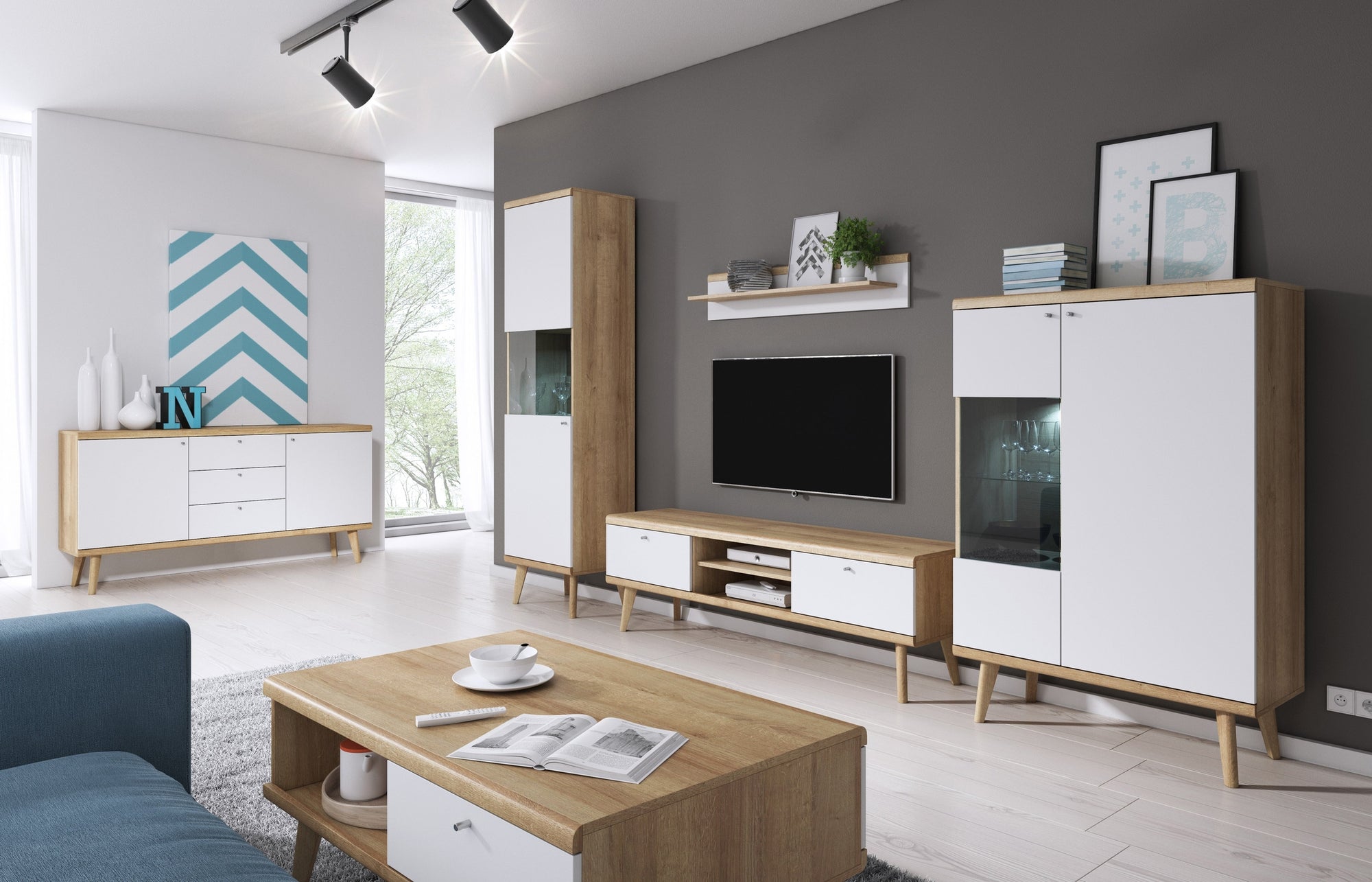 Szafka RTV pod telewizor 107x50 w stylu skandynawskim - dąb riviera, drewniane nóżki, fronty MDF | Lato