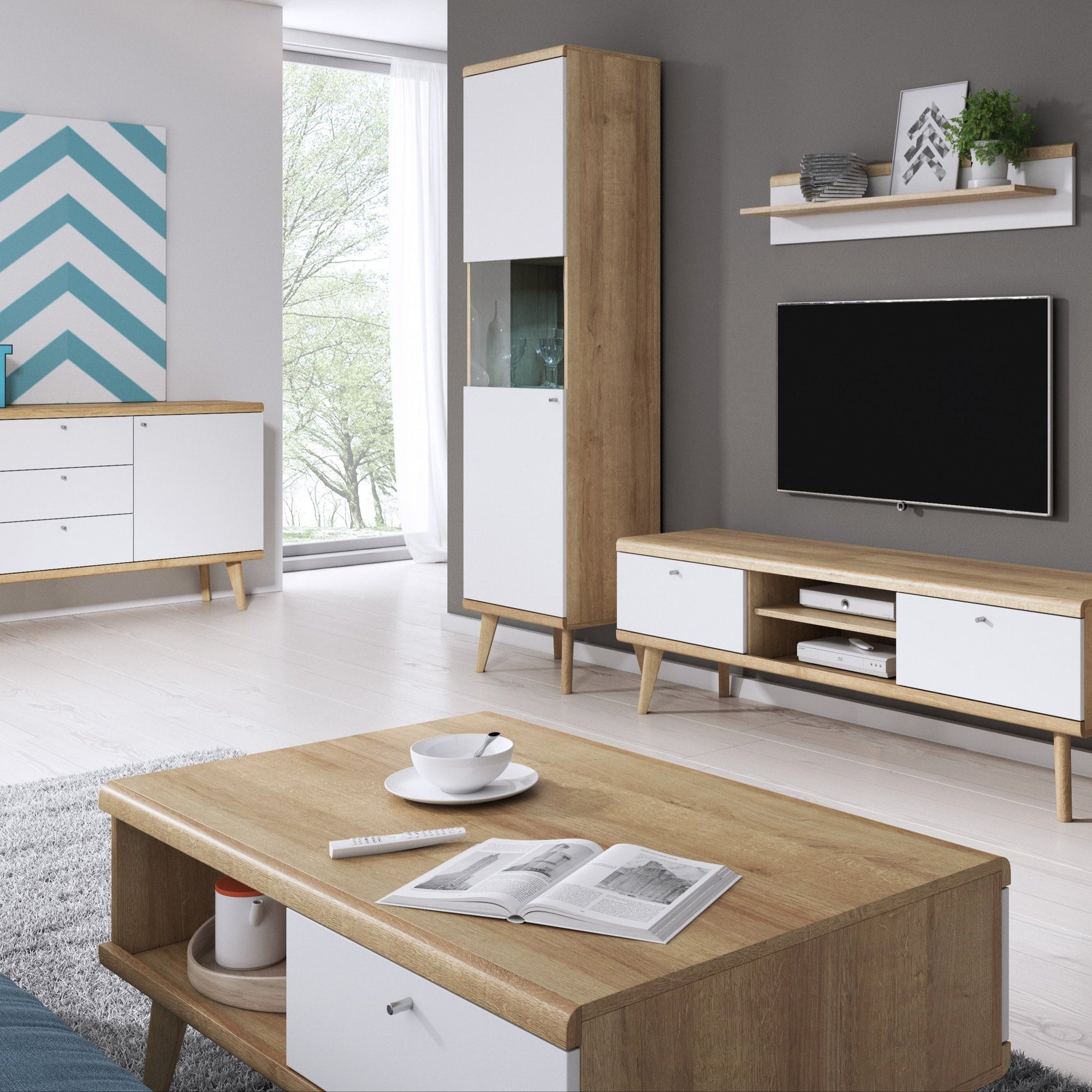 Stolik kawowy 107x46 z szufladą w stylu skandynawskim – otwarte półki, drewniane nóżki, dąb riviera | Lato