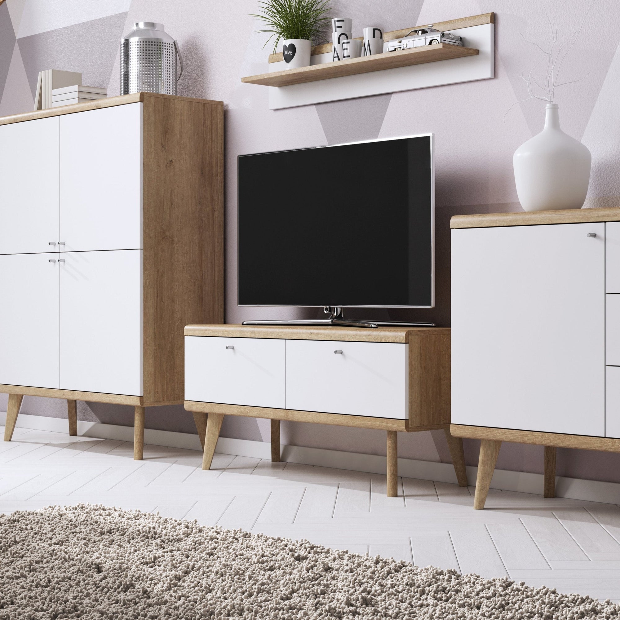 Szafka RTV pod telewizor 107x50 w stylu skandynawskim - dąb riviera, drewniane nóżki, fronty MDF | Lato