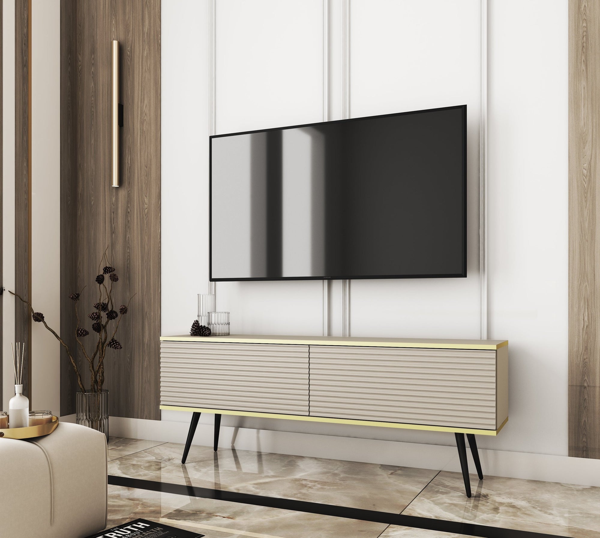 Szafka RTV 135x30 w stylu nowoczesnym - ryflowany front MDF, złote akcenty | Meva