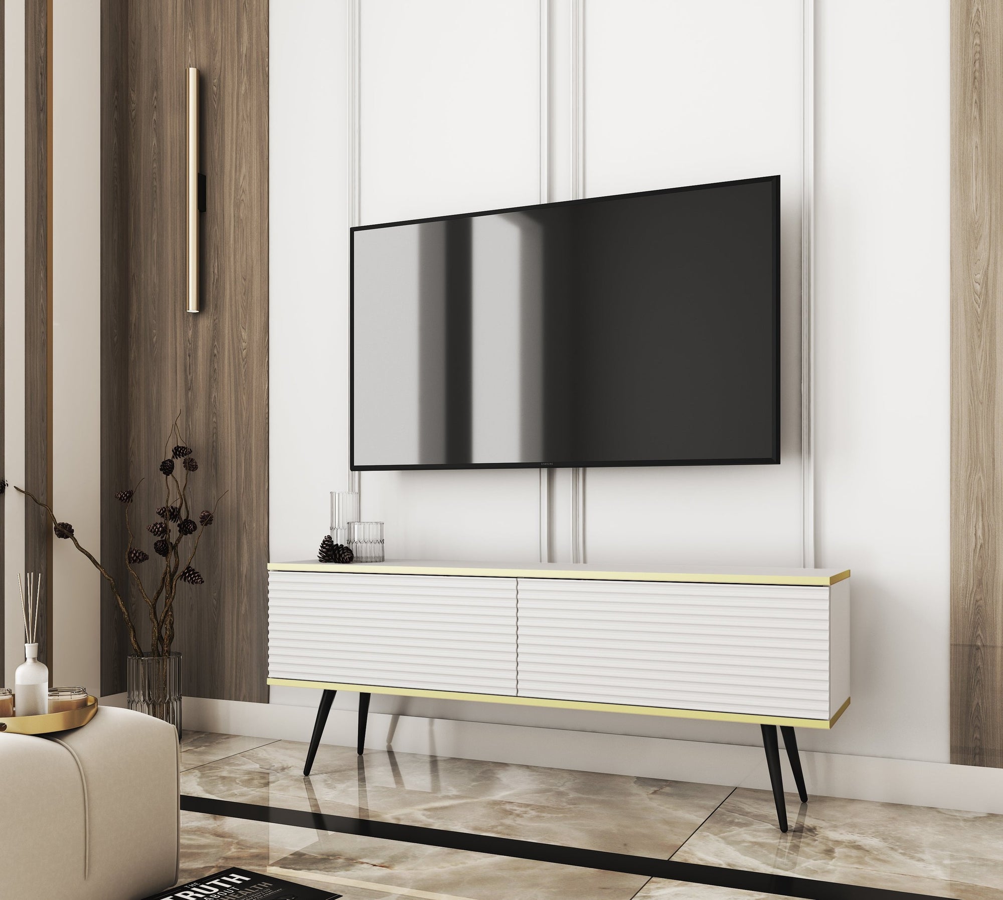 Szafka RTV 135x30 w stylu nowoczesnym - ryflowany front MDF, złote akcenty | Meva