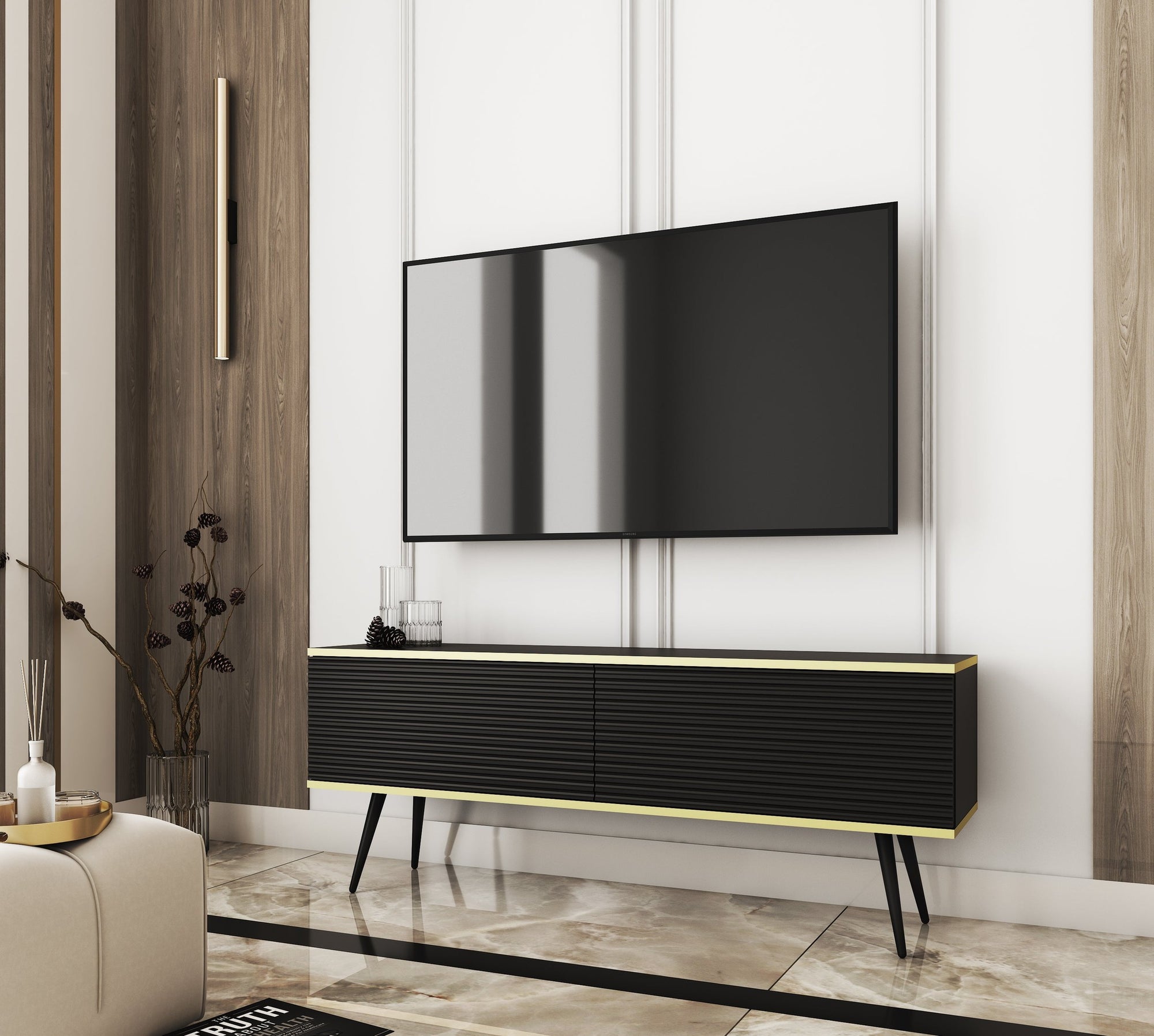 Szafka RTV 135x30 w stylu nowoczesnym - ryflowany front MDF, złote akcenty | Meva