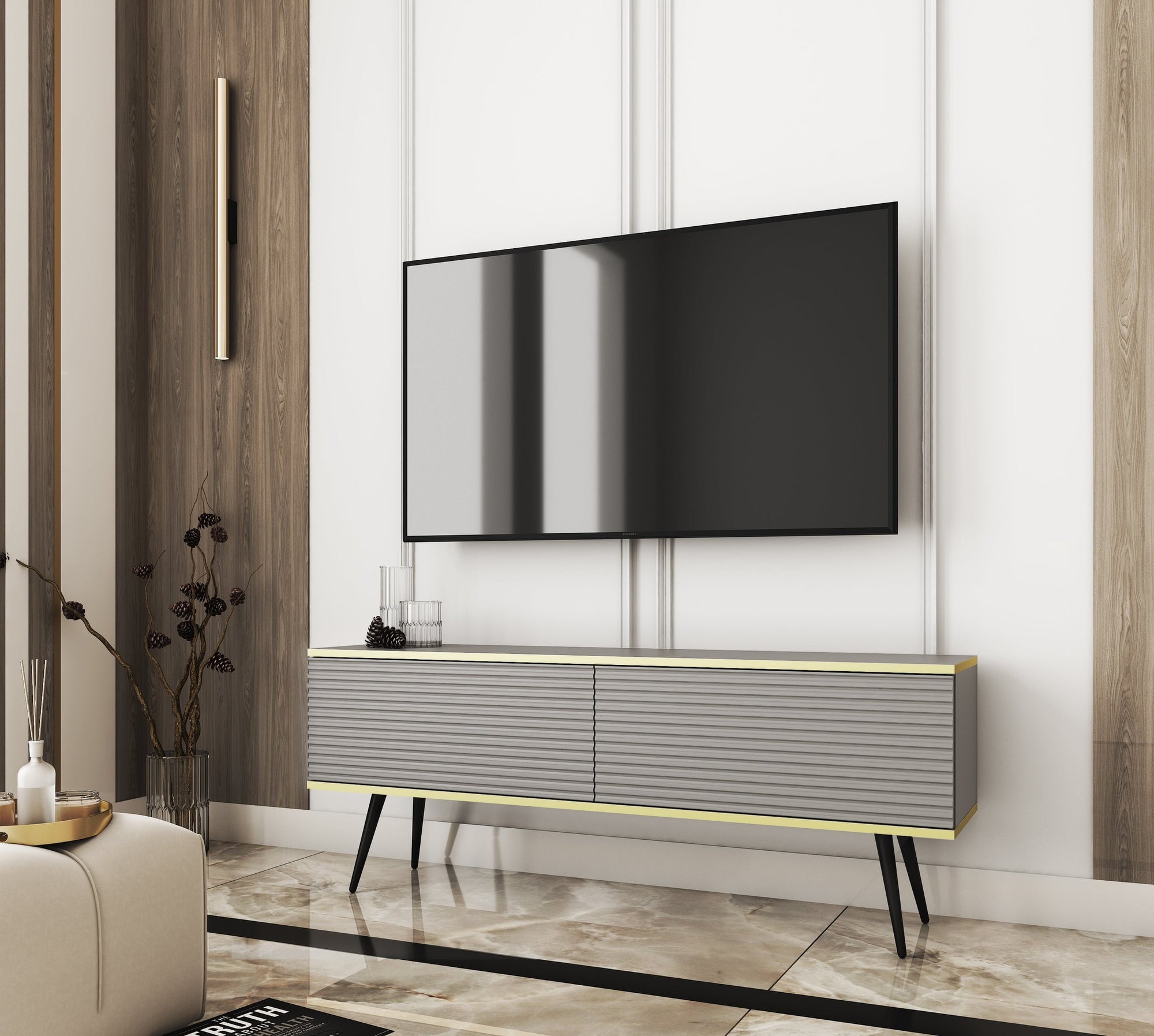 Szafka RTV 135x30 w stylu nowoczesnym - ryflowany front MDF, złote akcenty | Meva