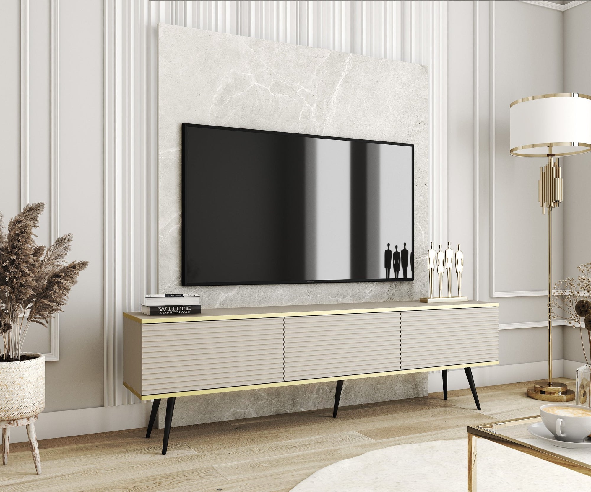 Szafka RTV 175x30 ze złotymi akcentami - ryflowany front MDF, system push-to-open | Meva