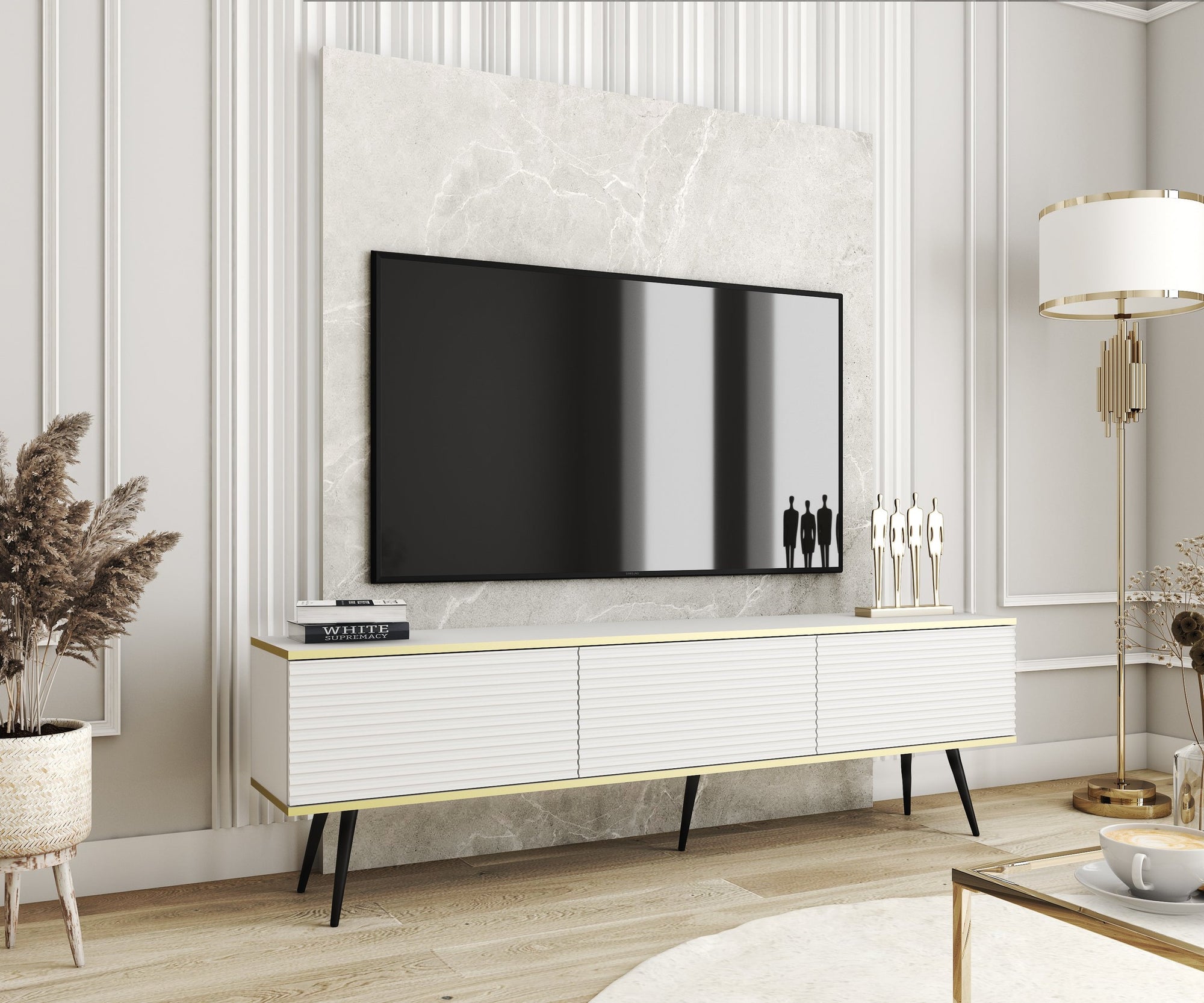 Szafka RTV 175x30 ze złotymi akcentami - ryflowany front MDF, system push-to-open | Meva
