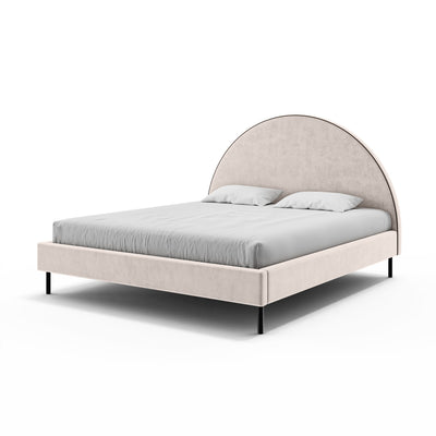 Łóżko tapicerowane z półokrągłym zagłówkiem i pojemnikiem w stylu soft modern | Zora