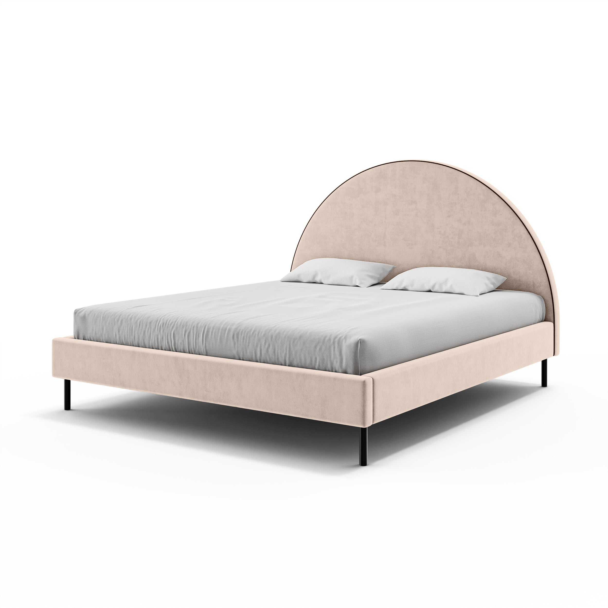 Łóżko tapicerowane z półokrągłym zagłówkiem i pojemnikiem w stylu soft modern | Zora