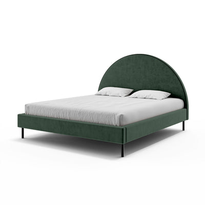 Łóżko tapicerowane z półokrągłym zagłówkiem i pojemnikiem w stylu soft modern | Zora