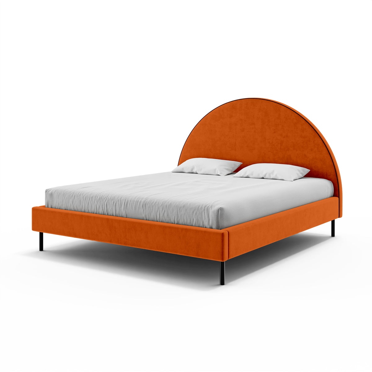 Łóżko tapicerowane z półokrągłym zagłówkiem i pojemnikiem w stylu soft modern | Zora