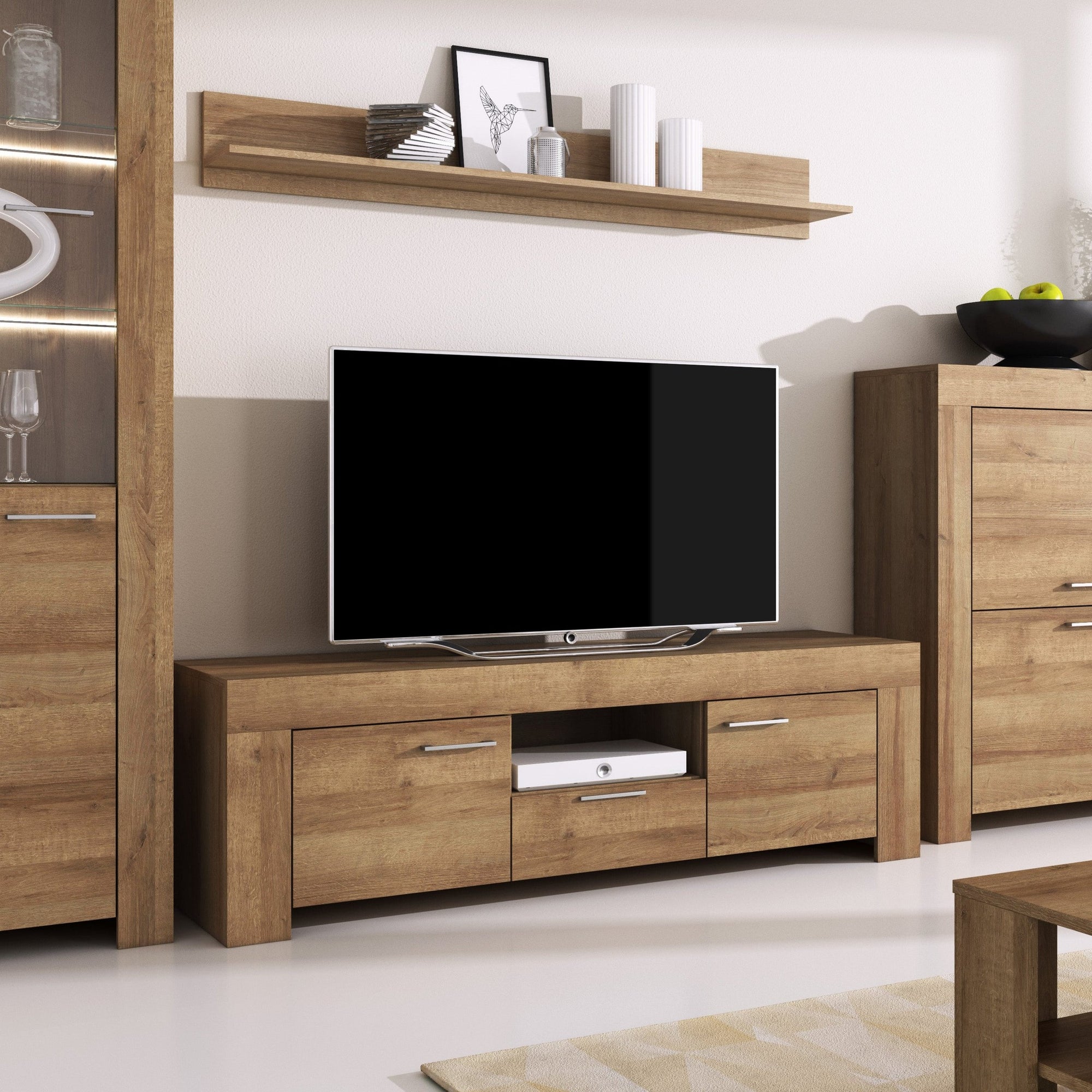 Zestaw RTV z półką 155x50+155x20 w stylu nowoczesnym - dąb riviera, otwory na kable | Gorky