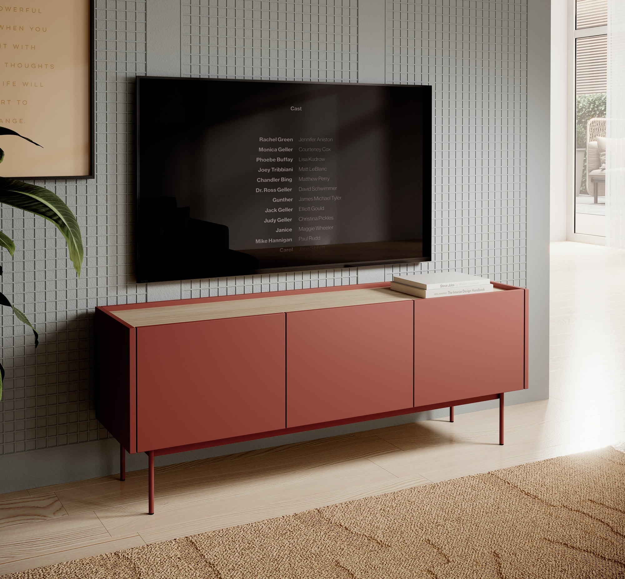 Szafka RTV pod telewizor 144x55 w stylu japandi - dąb linea, trzy szafki | Bema