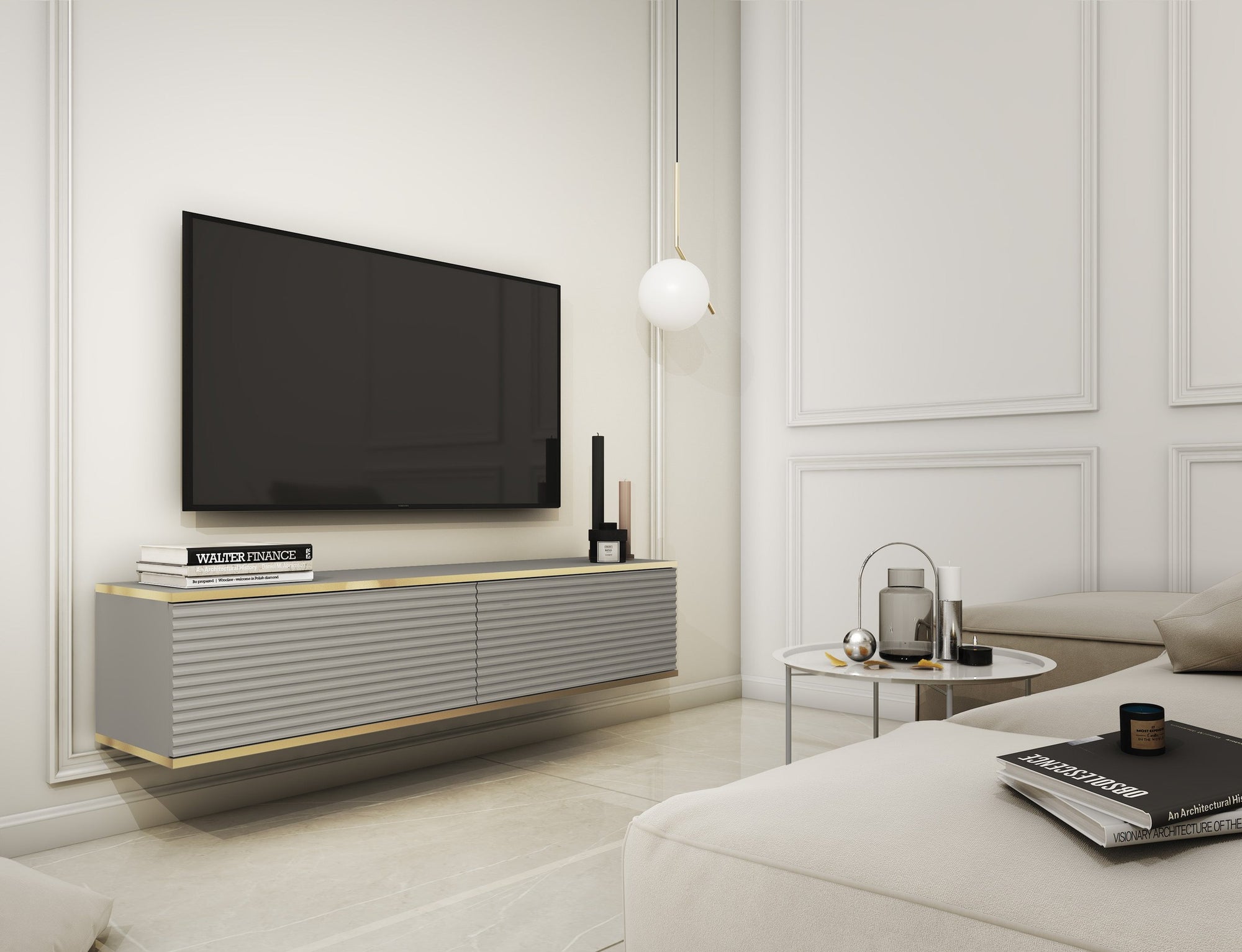 Szafka RTV 135x30 w stylu nowoczesnym - ryflowany front MDF, złote akcenty | Meva