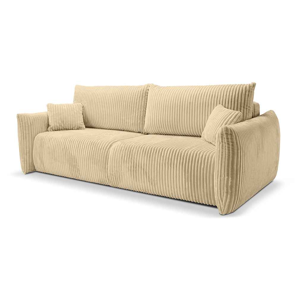 Sofa 3-osobowa z funkcją spania 145x200 z pojemnikiem w stylu nowoczesnym – automat wspomagający | ALLORO Złocisty Len (TILIA 08)
