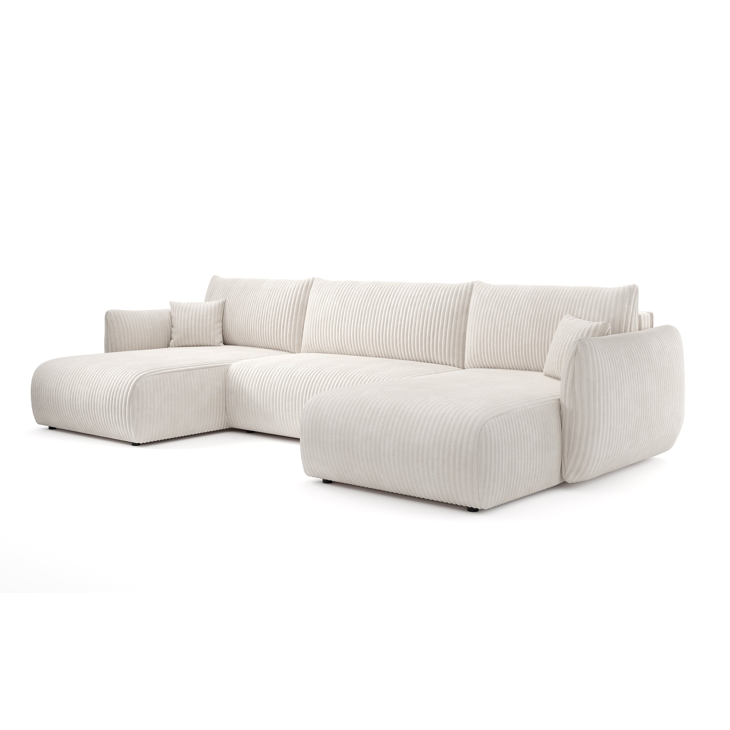 Narożnik U z funkcją spania o powierzchni 145x302 w stylu vintage - tkanina sztruksowa TILIA, zaokrąglona forma, miękkie poduchy | ALLORO Pudrowa Perła (TILIA 01)