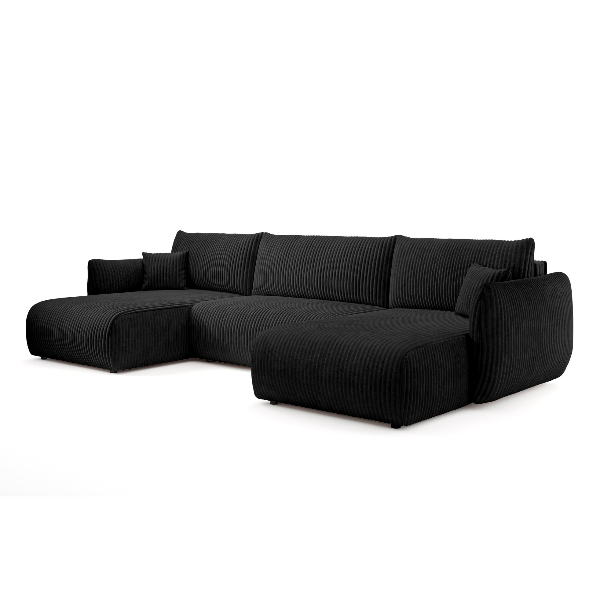Narożnik U z funkcją spania o powierzchni 145x302 w stylu vintage - tkanina sztruksowa TILIA, zaokrąglona forma, miękkie poduchy | ALLORO Węglowy Aksamit (TILIA 100)